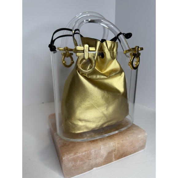RARE VTG Salvatore Ferragamo Acrylic Clear Black Gold Bucket Bag Purse 215261 - Picture 1 of 13
